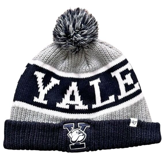47 Brand Yale Bulldogs Knit Blue & Gray Pom Pom Logo Hat Beanie One Size. OS.